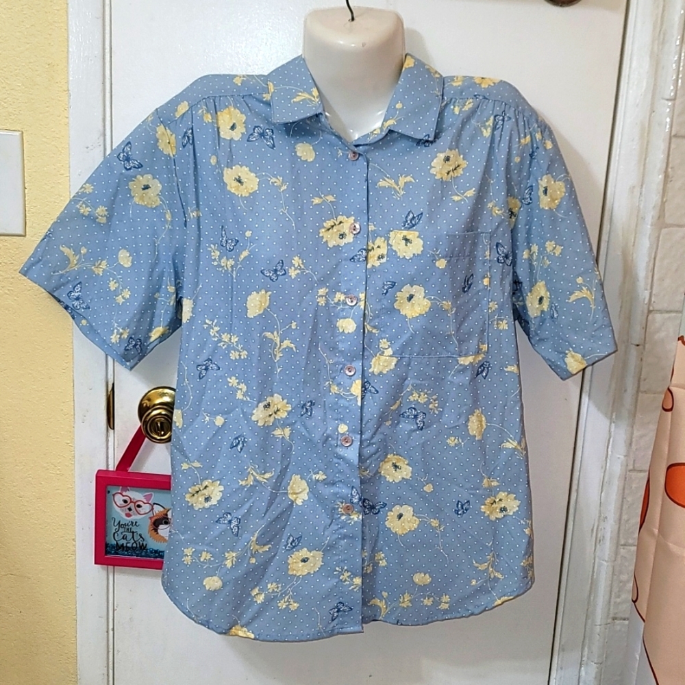 Tapestry vintage Button Down Top Flora butterfly print blue new Cottagecore